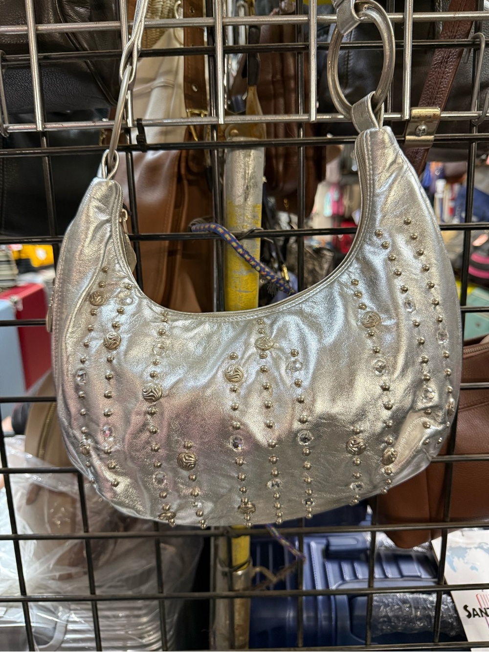 Vintage Silver Studded Shoulder Bag - Metallic Accent